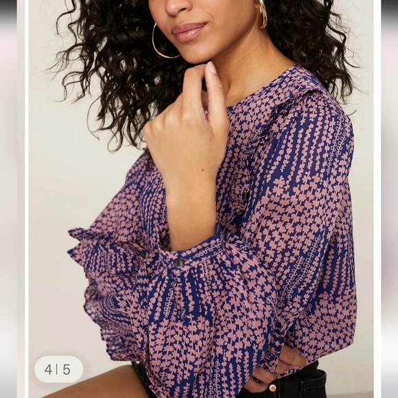 Banjanan Margot Boho Floral Ruffle Blouse In Blue Pink Small Long Sleeve - Picture 2 of 11